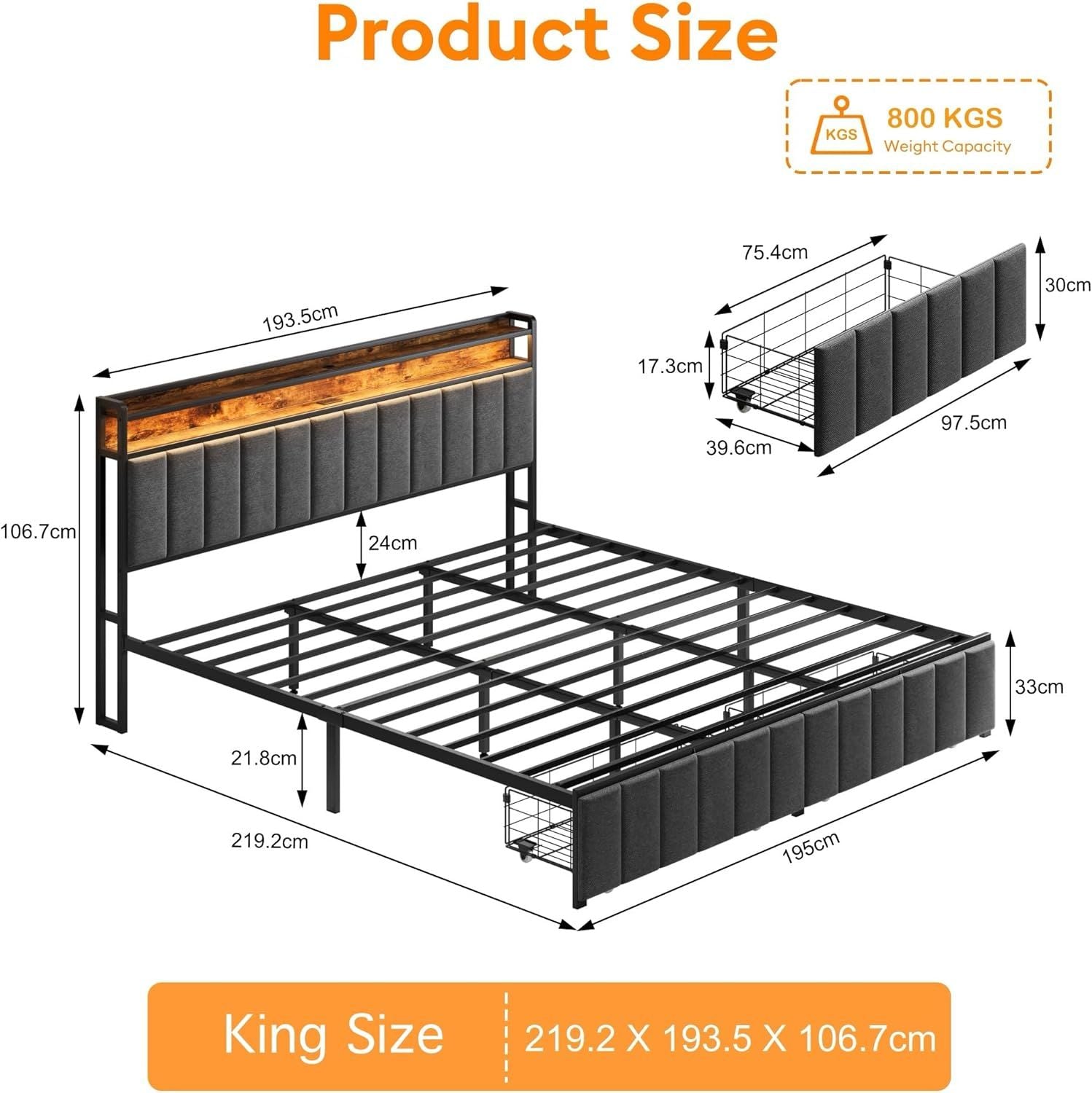 King Bed Frame Storage Drawers LED Headboard | HomeAndLiving