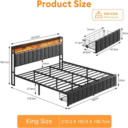 King Bed Frame Storage Drawers LED Headboard | HomeAndLiving