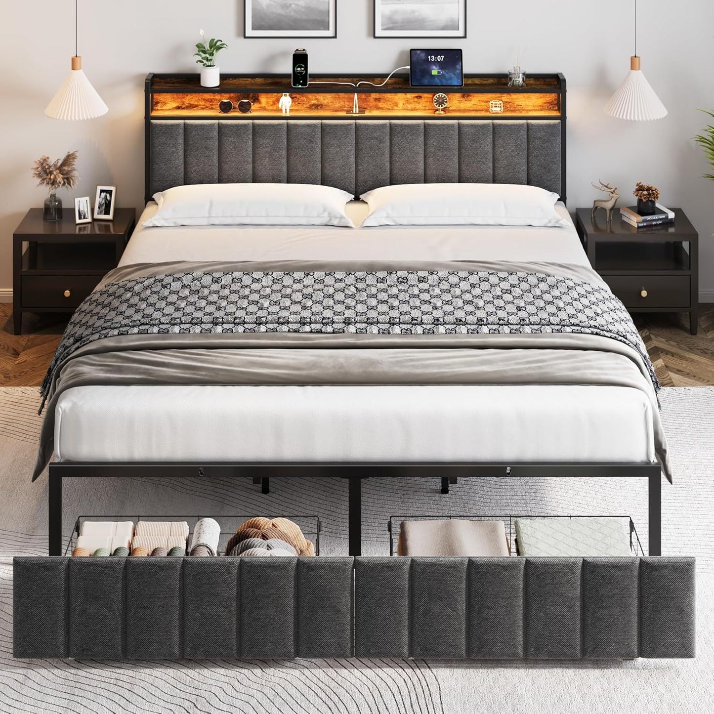 King Bed Frame Storage Drawers LED Headboard | HomeAndLiving