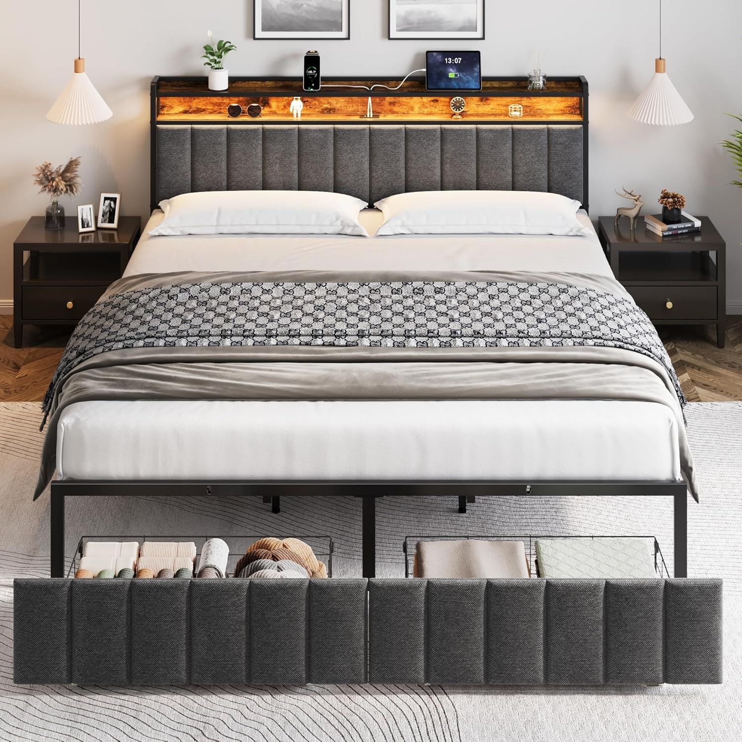 King Bed Frame Storage Drawers LED Headboard | HomeAndLiving