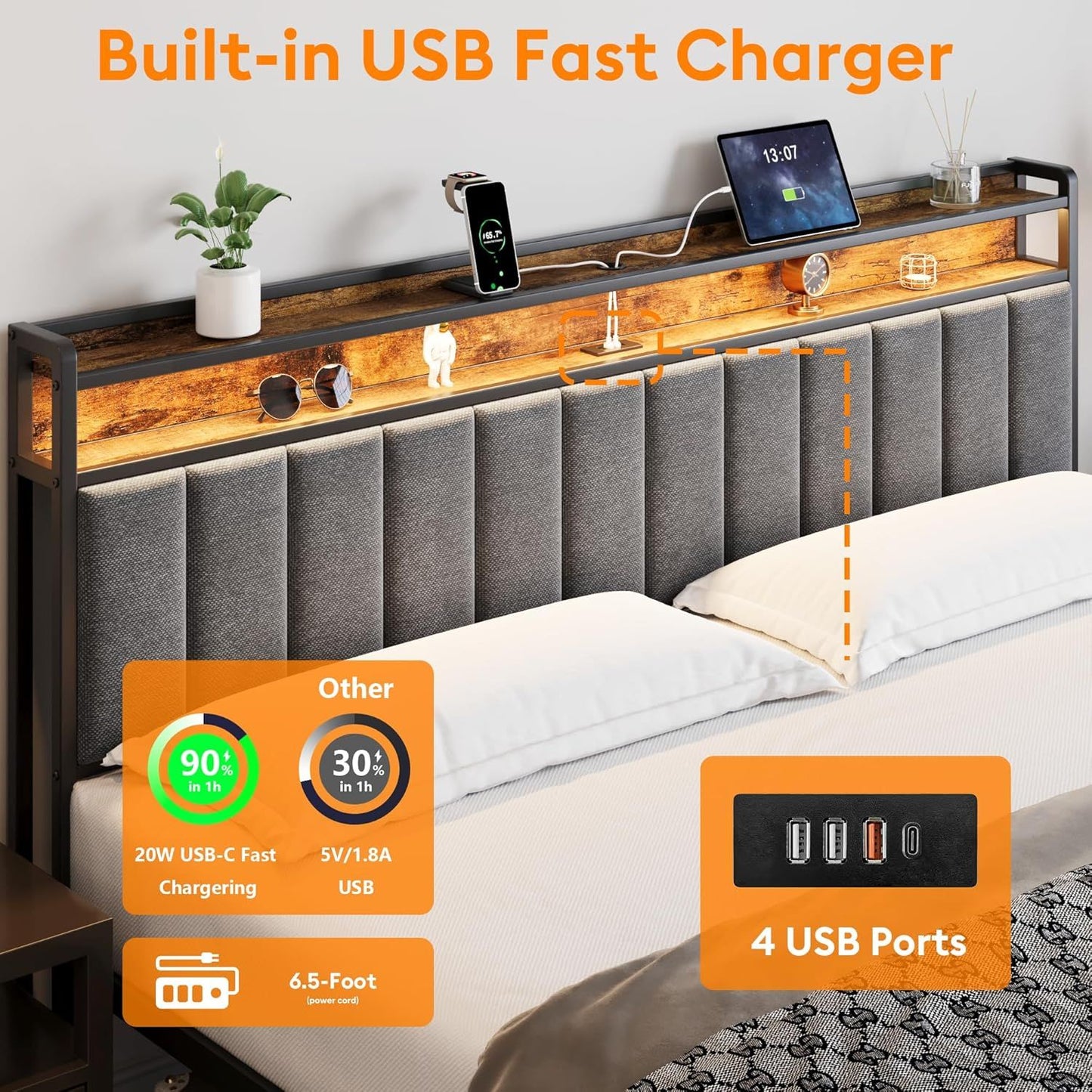 King Bed Frame Storage Drawers LED Headboard | HomeAndLiving
