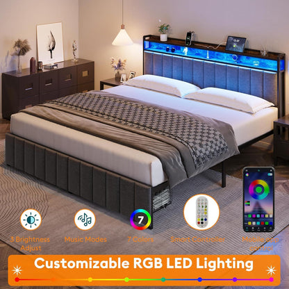 King Bed Frame Storage Drawers LED Headboard | HomeAndLiving