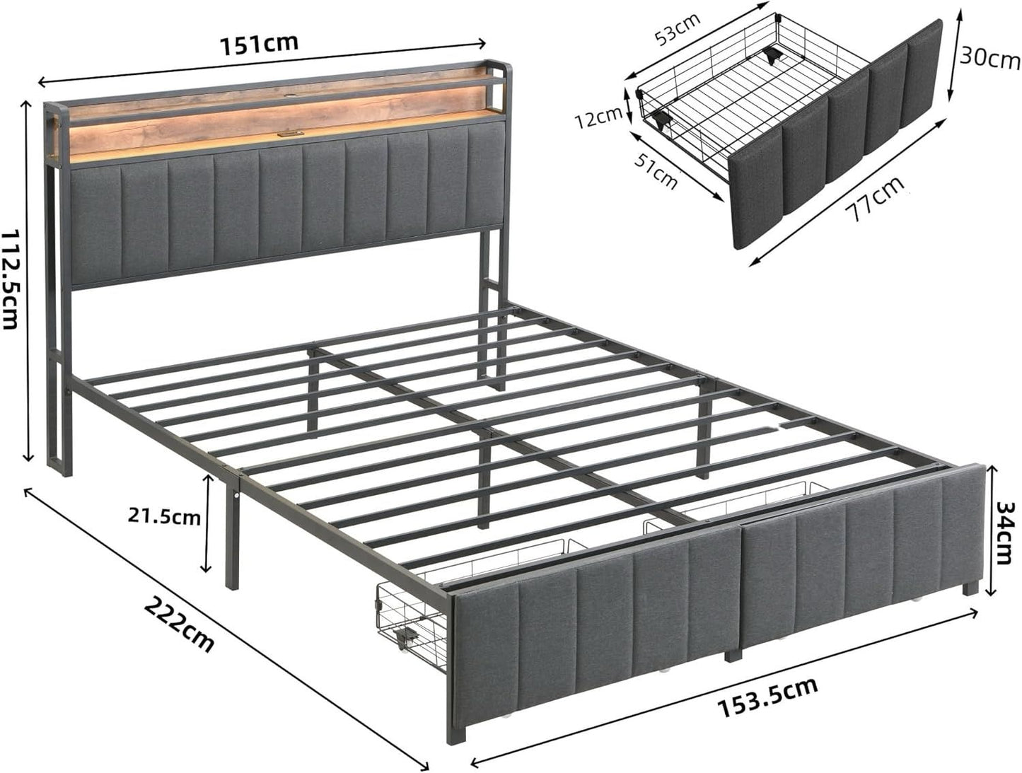 Queen Bed Frame Storage Drawers LED Headboard | HomeAndLiving