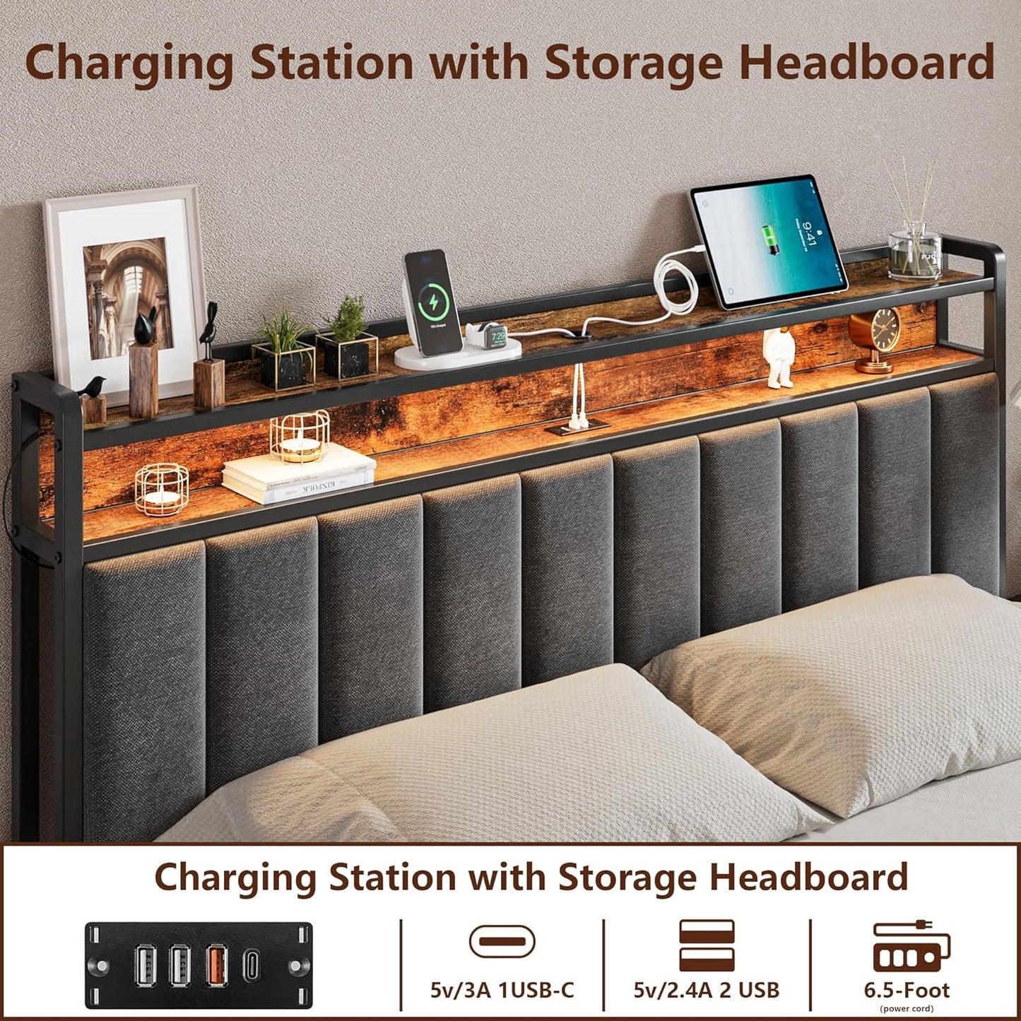 Queen Bed Frame Storage Drawers LED Headboard | HomeAndLiving