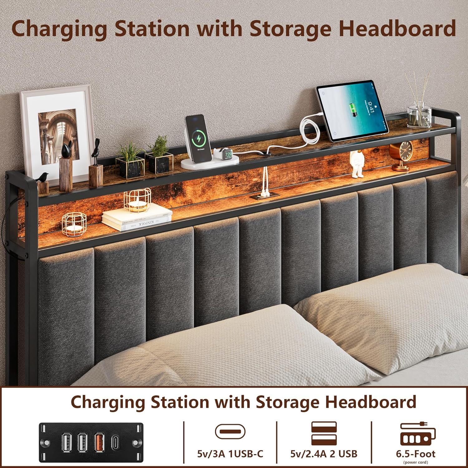 Queen Bed Frame Storage Drawers LED Headboard | HomeAndLiving