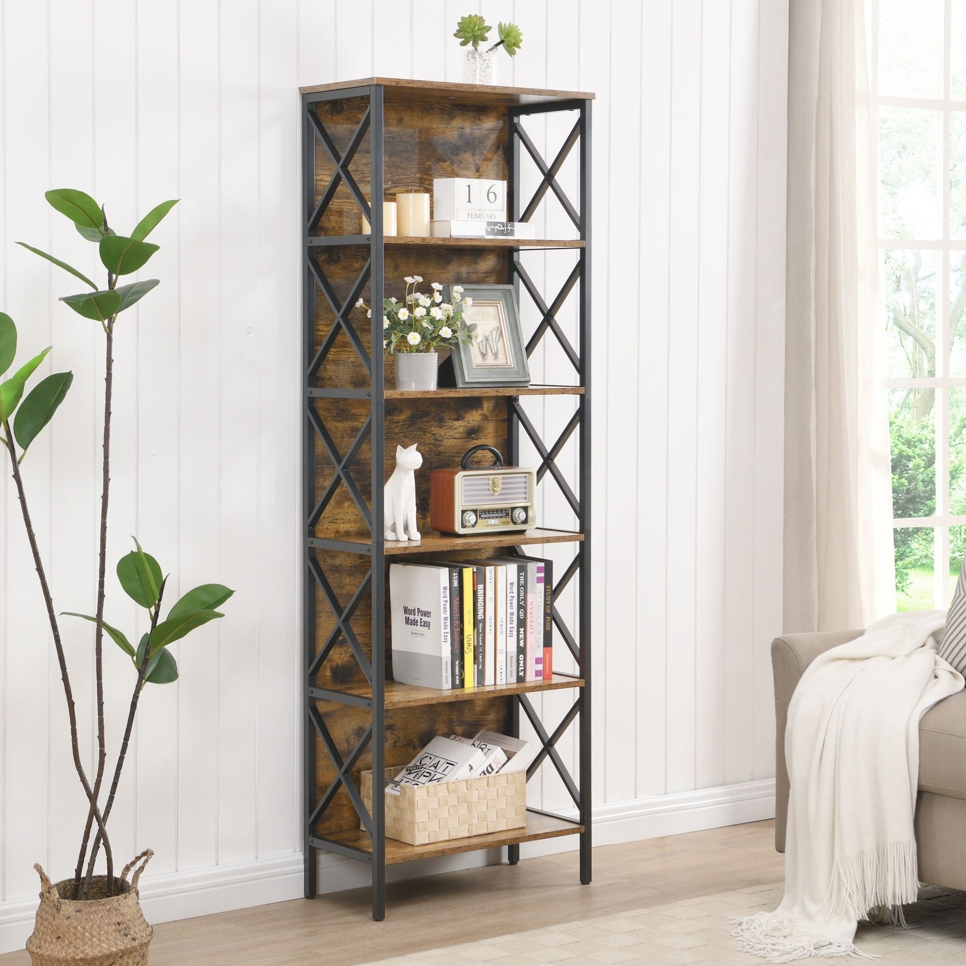 6 Tier Tall Bookshelf Rustic Brown | Home & Living