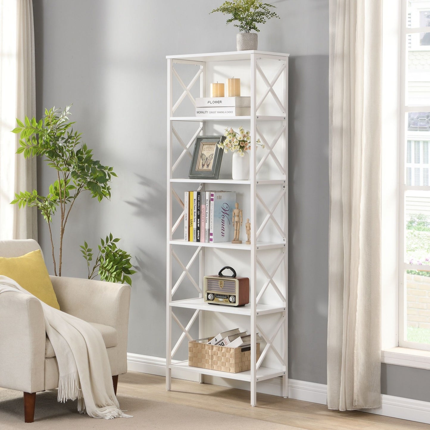 6 Tier Tall Bookshelf White Metal Frame | HomeAndLiving
