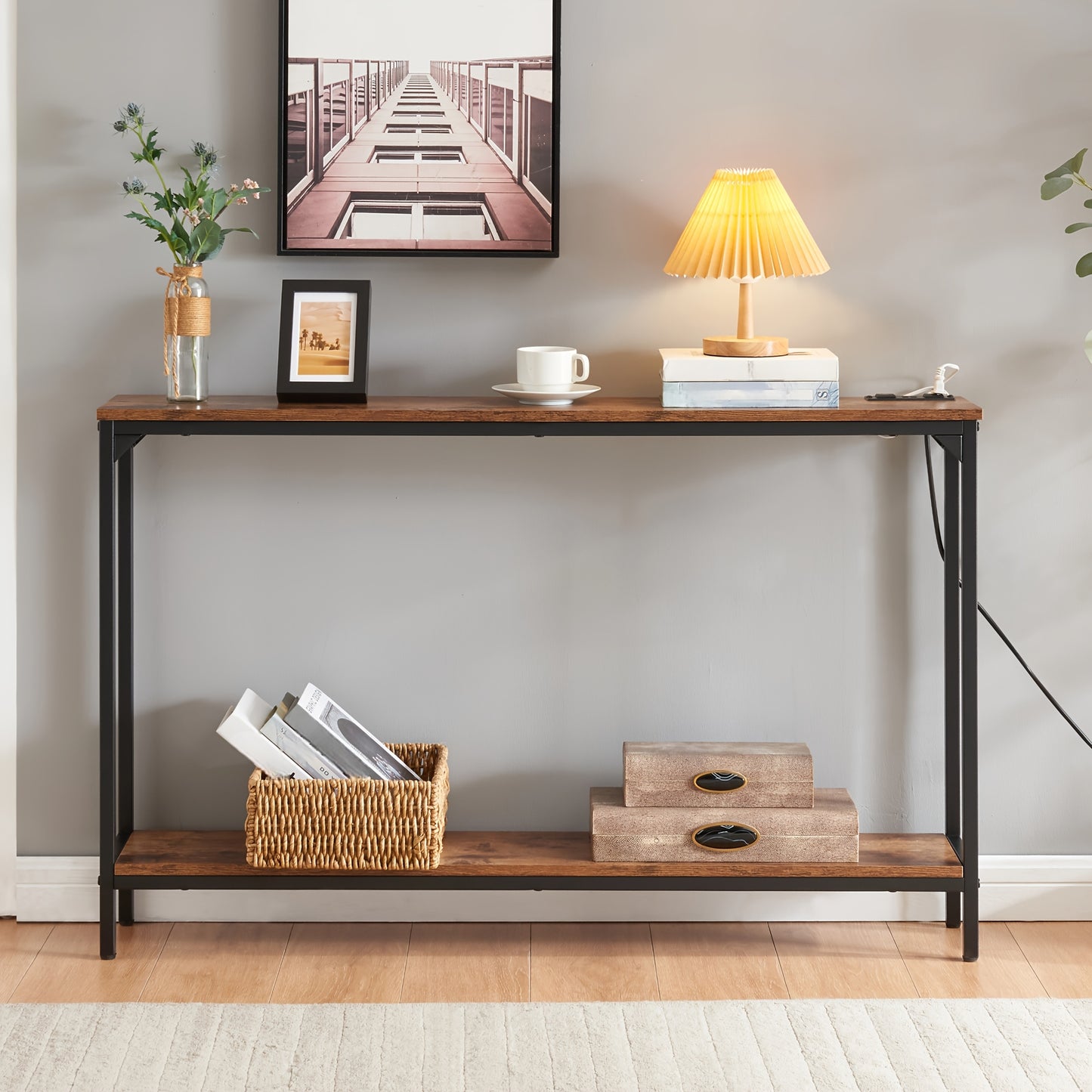 2 Tier Console Table With Power Outlets And Usb Ports Wood Entryway