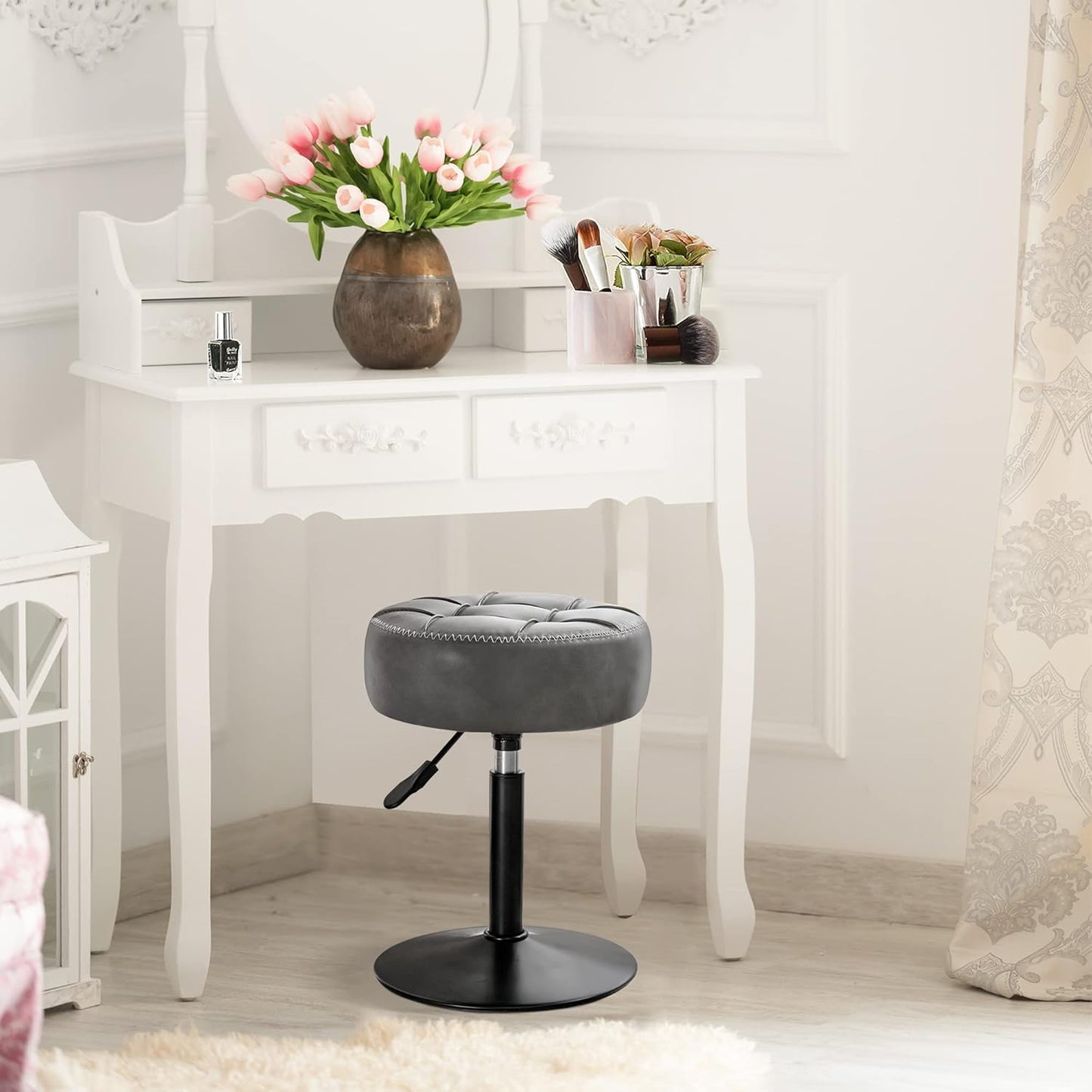 Adjustable Vanity Stool 360 Swivel Gray Faux Leather | Home & Living