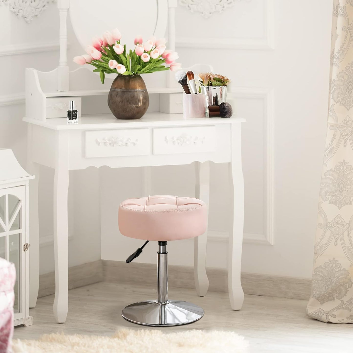 Pink Vanity Stool Adjustable Swivel Chair | Home & Living