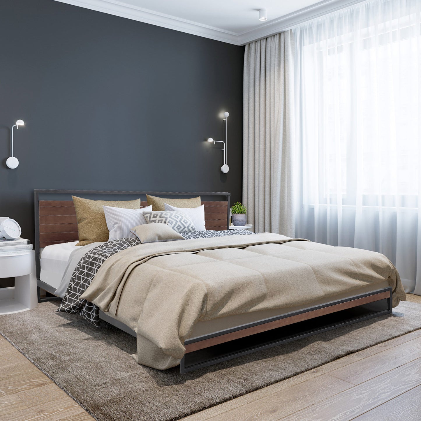 Milano Decor Azure Bed Frame With Headboard Black Wood Steel Platform