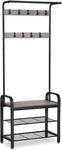 Greige And Black Steel Coat Rack With Bench And Shoe Rack, 183 Cm Height