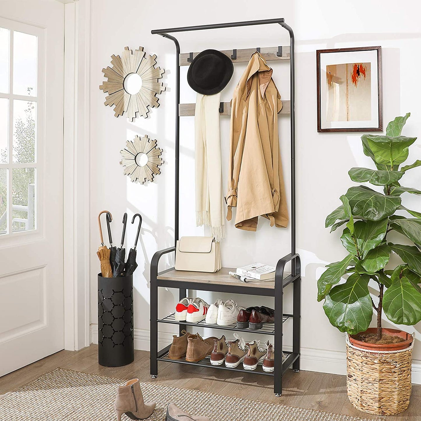 Greige and Black Steel Freestanding Coat Rack Stand with Removable Hooks