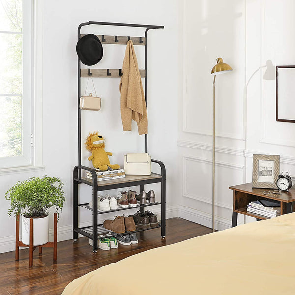  Greige And Black Steel Coat Rack With Bench And Shoe Rack, 183 Cm Height