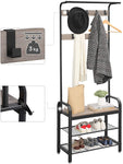 Greige And Black Steel Coat Rack With Bench And Shoe Rack, 183 Cm Height
