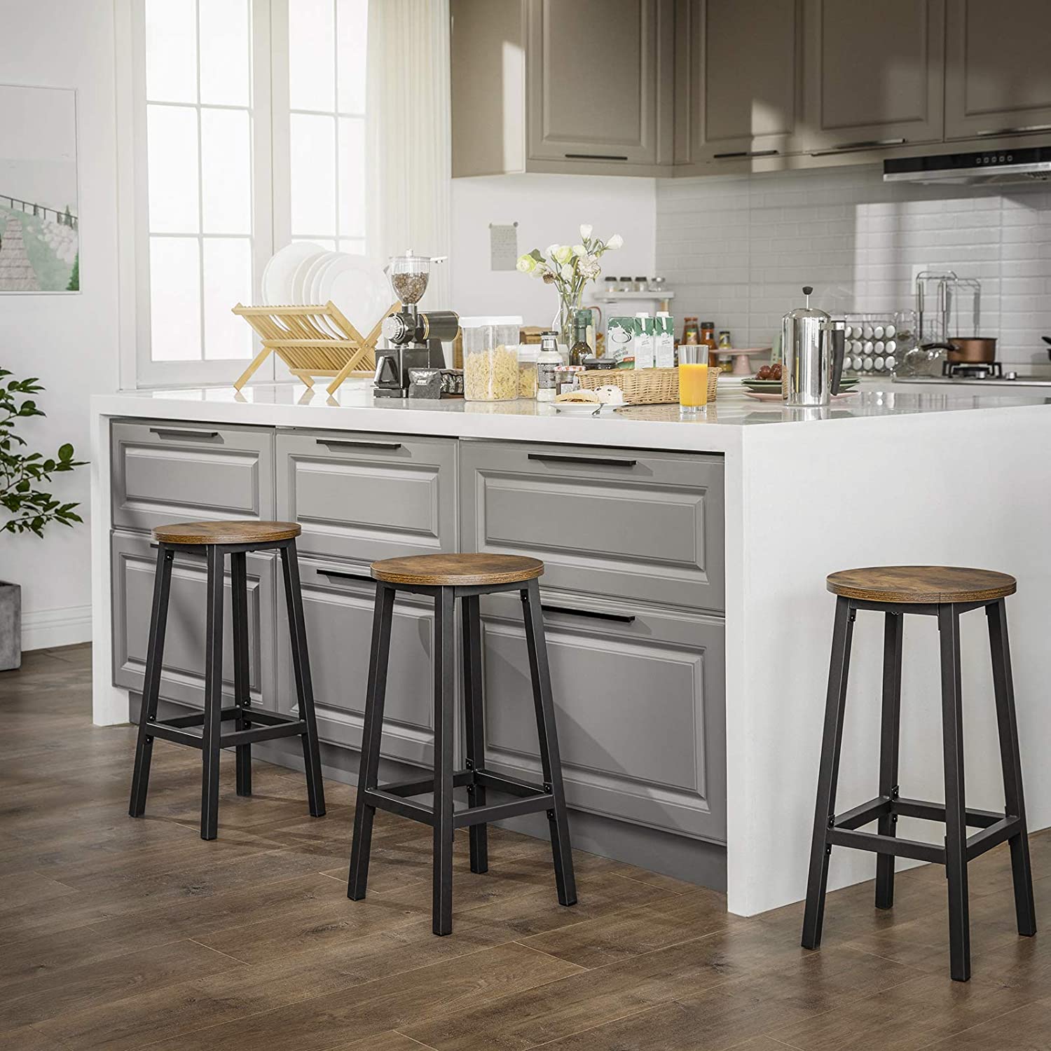 Set Of 2 Bar Stools With Sturdy Steel Frame Rustic Brown And Black
