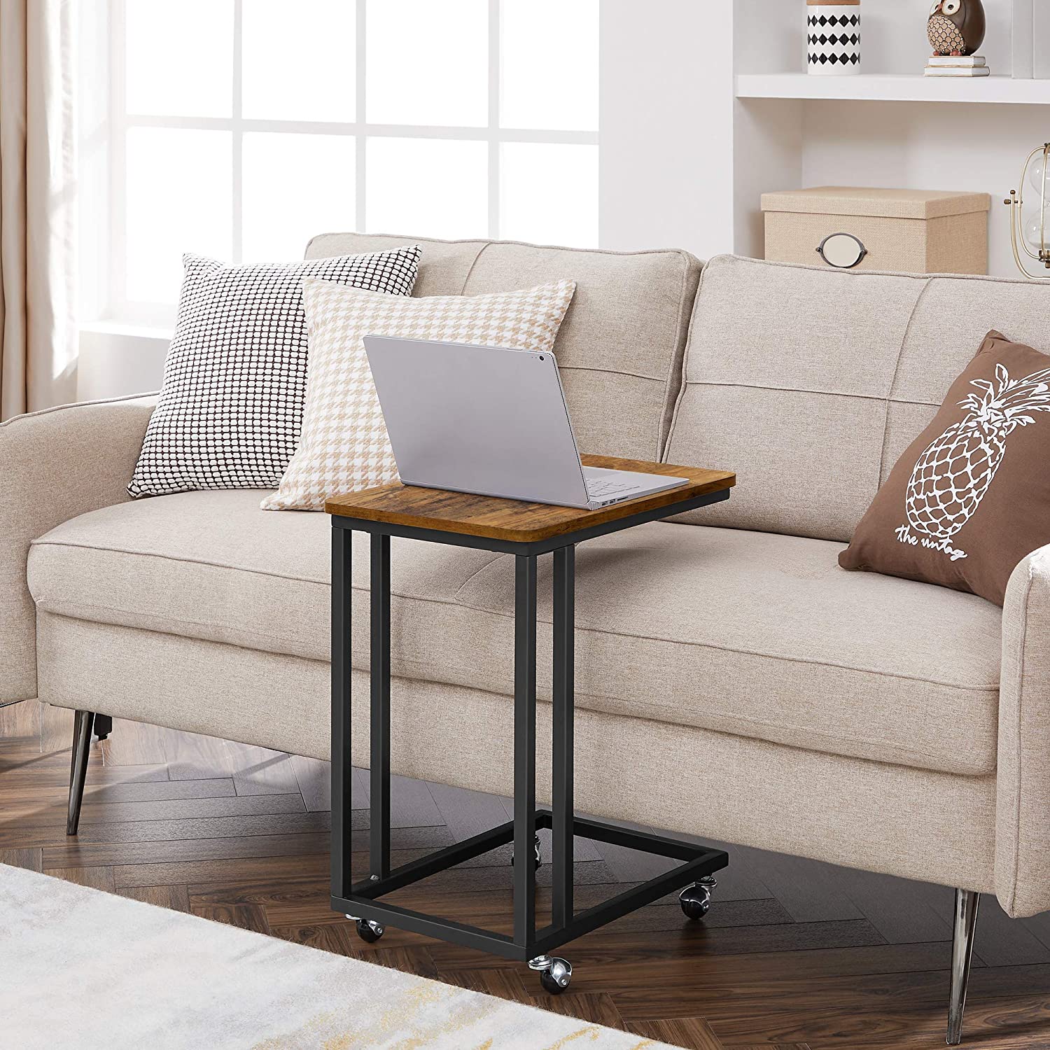 Coffee Table With Steel Frame And Castors Rustic Brown And Black