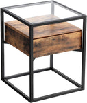 Tempered Glass End Table With Drawer And Rustic Shelf  Stable Iron Frame