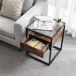 Tempered Glass End Table With Drawer And Rustic Shelf  Stable Iron Frame