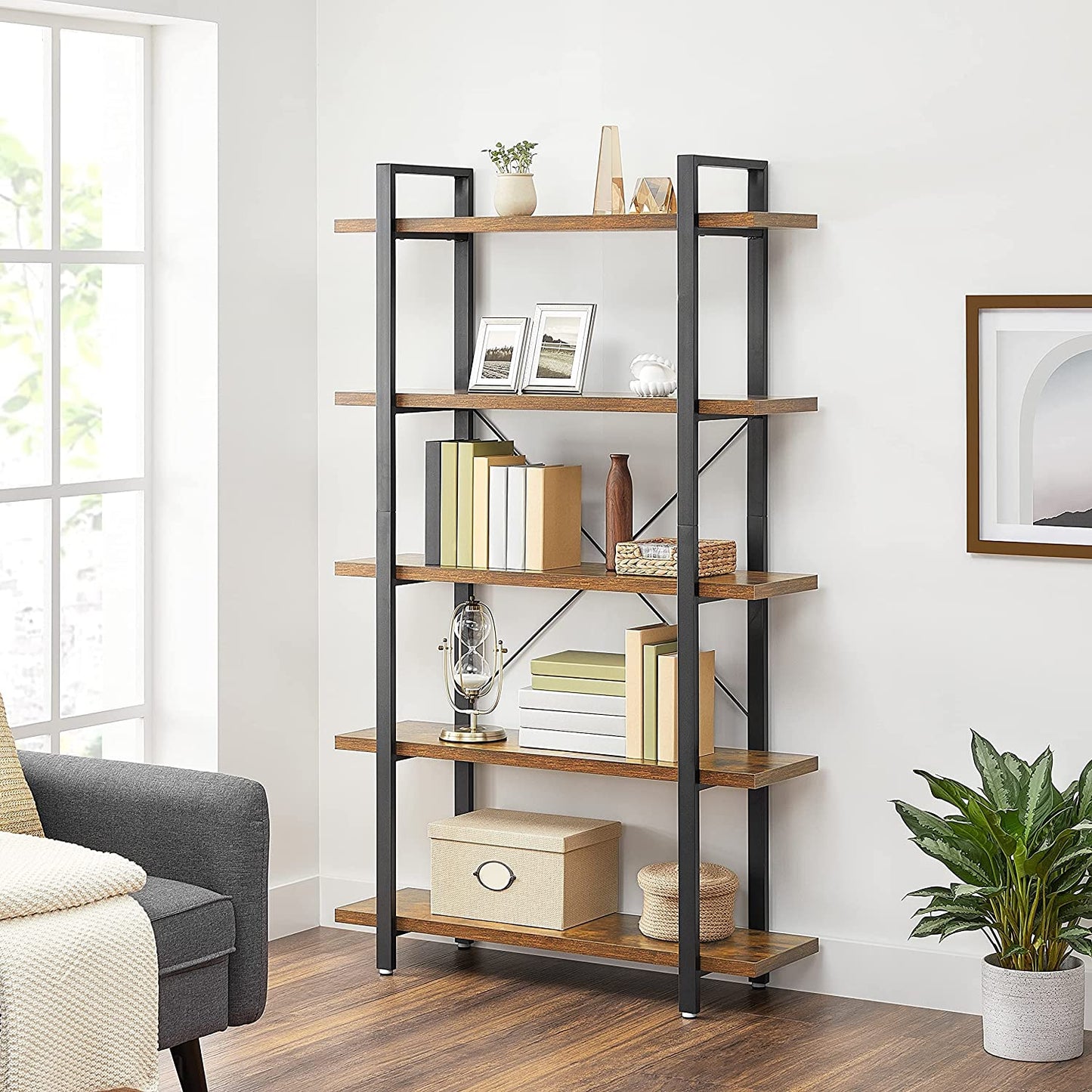 Bookshelf 5-Tier Industrial Stable Bookcase Rustic Brown And Black