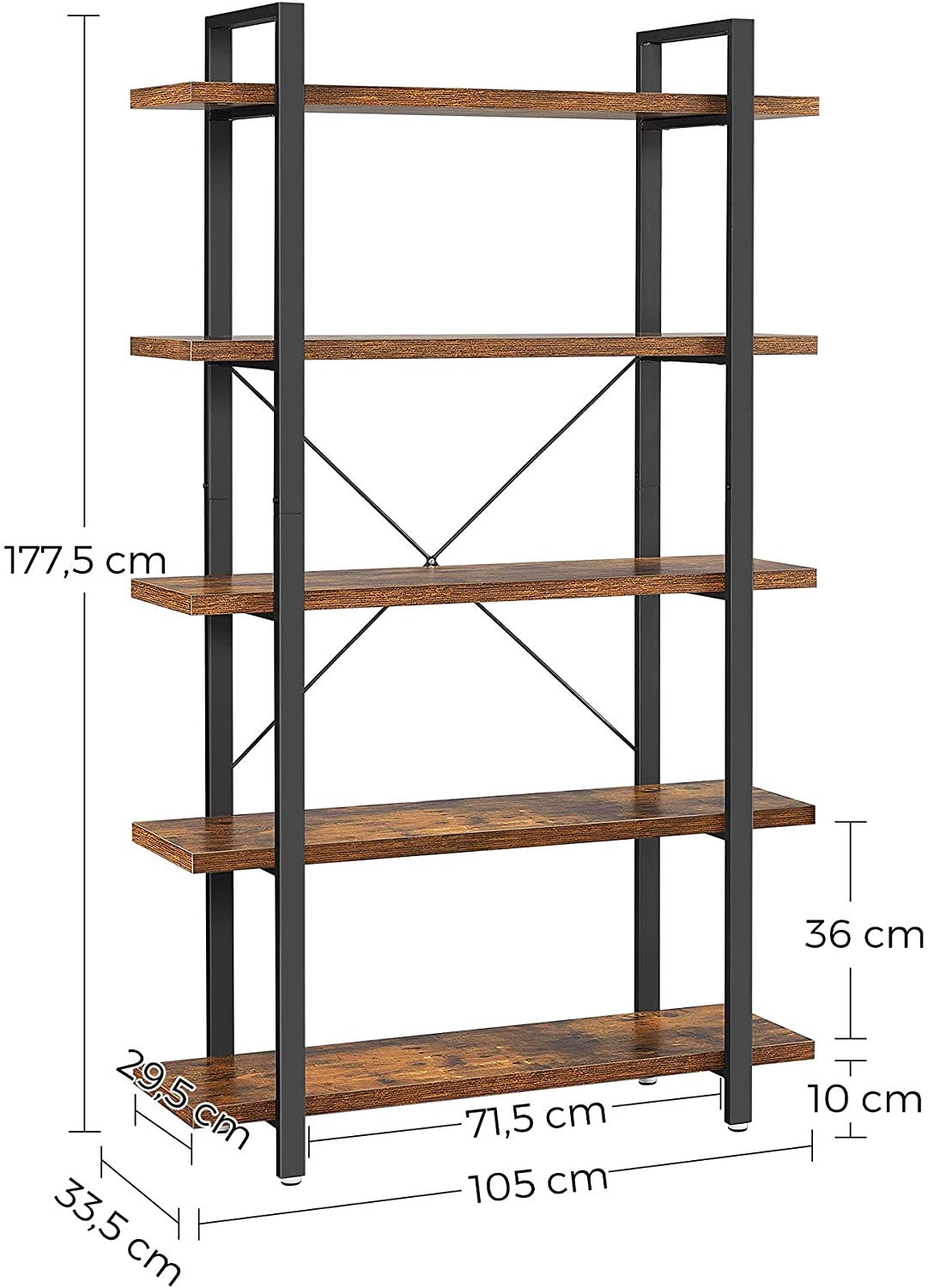 Bookshelf 5-Tier Industrial Stable Bookcase Rustic Brown And Black