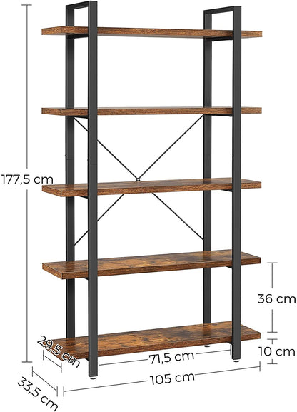 Bookshelf 5-Tier Industrial Stable Bookcase Rustic Brown And Black
