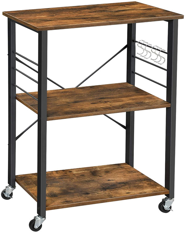  Kitchen Baker'S Rack,  3-Tier Serving Cart With Metal Frame And 6 Hooks, Rustic Brown