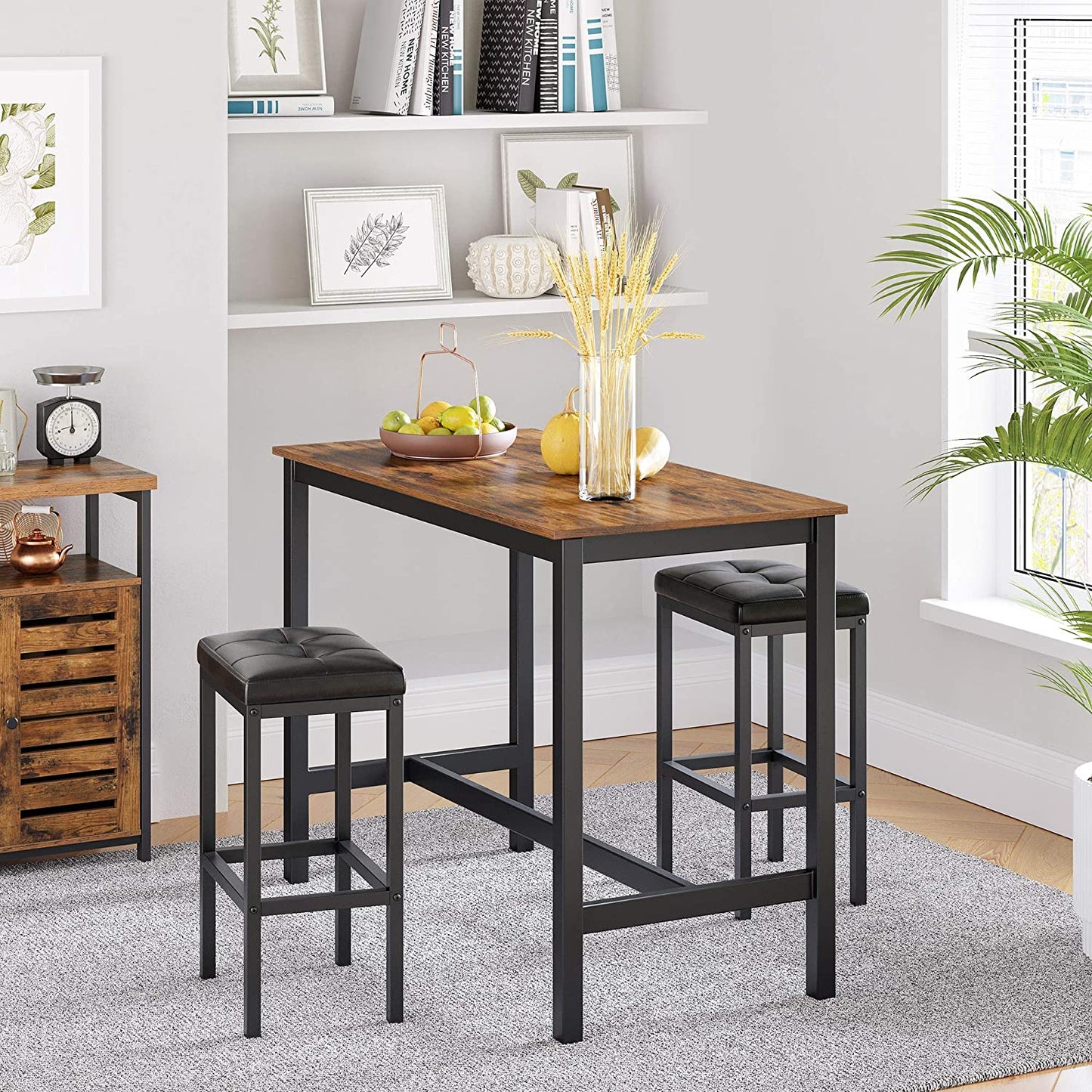 Bar Table With Solid Metal Frame And Wood Look, 120 X 60 X 90 Cm