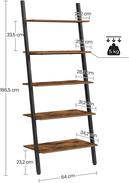 5-Tier Bookshelf Rack, Rustic Brown And Black