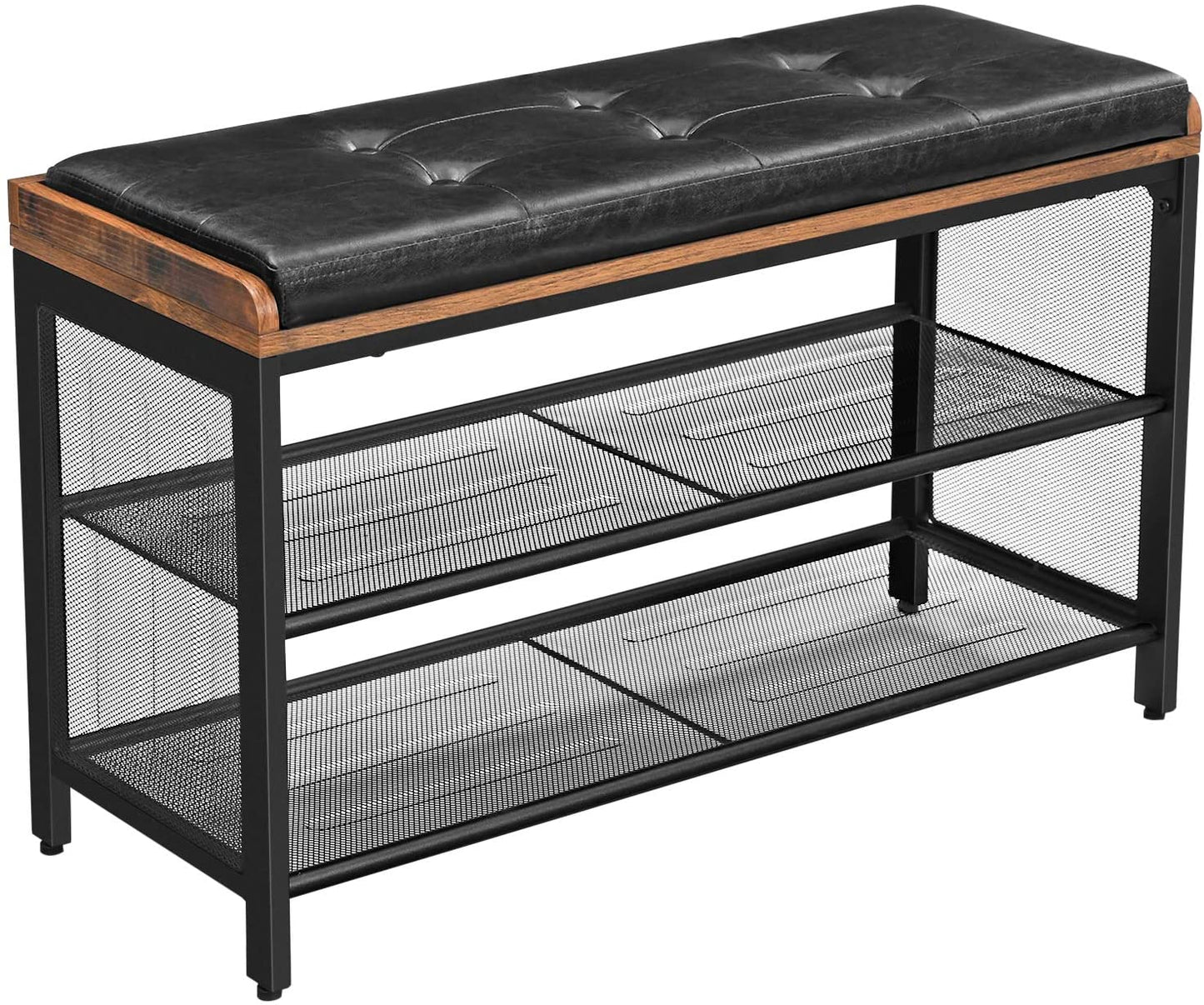 Shoe Bench With Mesh Shelf And Faux Leather Vintage Brown Black