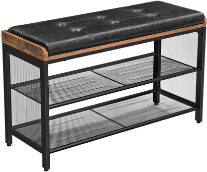 Shoe Bench With Mesh Shelf And Faux Leather Vintage Brown Black