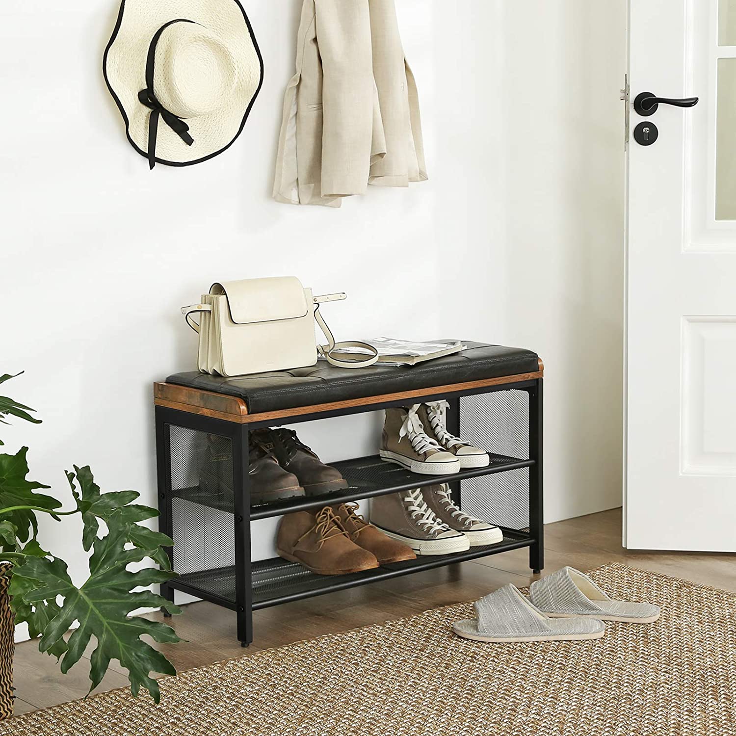 Shoe Bench With Mesh Shelf And Faux Leather Vintage Brown Black