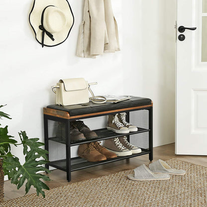 Shoe Bench With Mesh Shelf And Faux Leather Vintage Brown Black