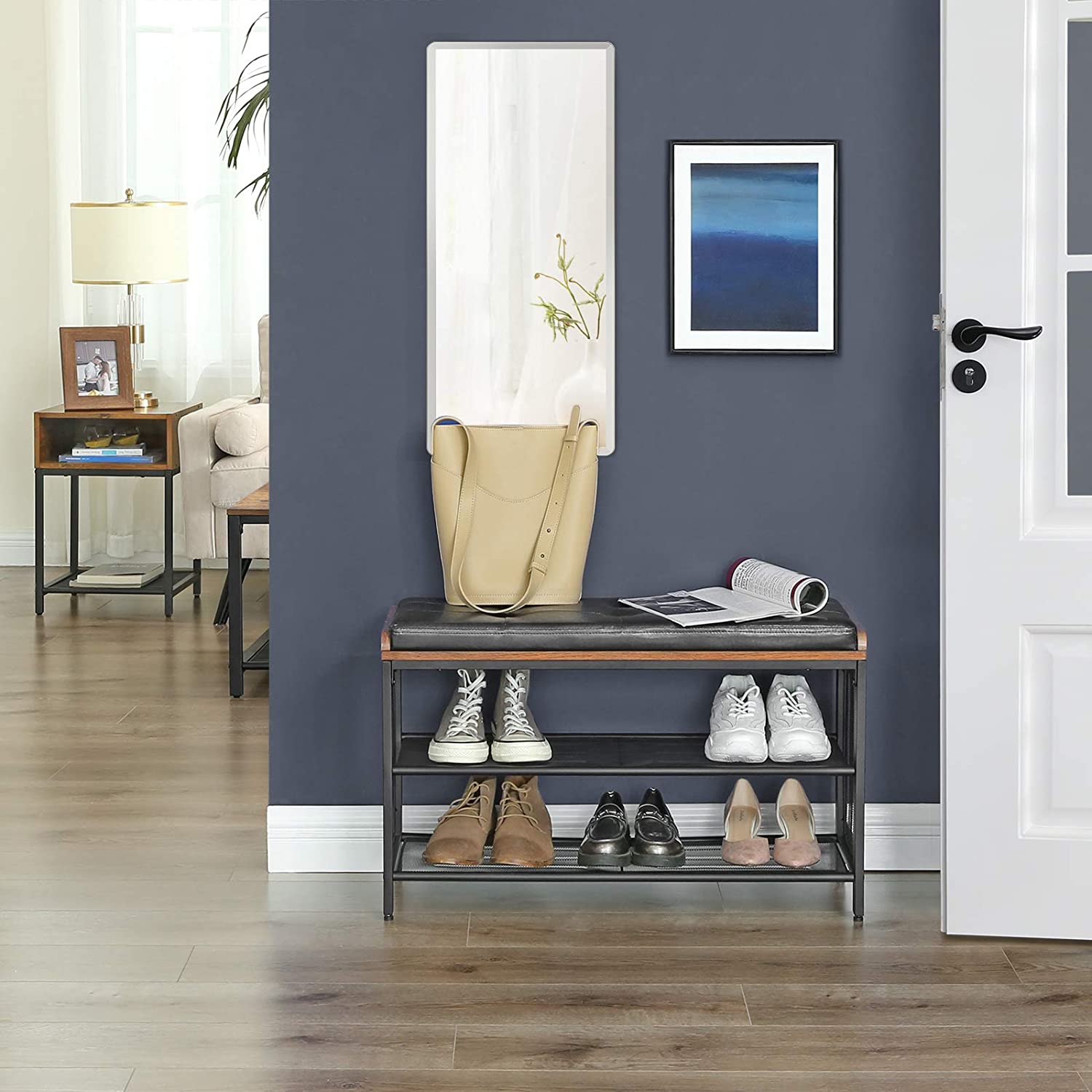 Shoe Bench With Mesh Shelf And Faux Leather Vintage Brown Black