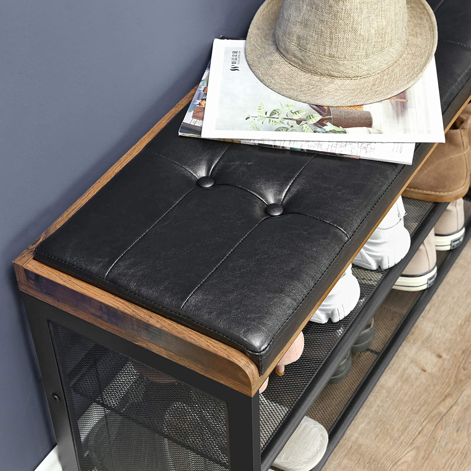 Shoe Bench With Mesh Shelf And Faux Leather Vintage Brown Black