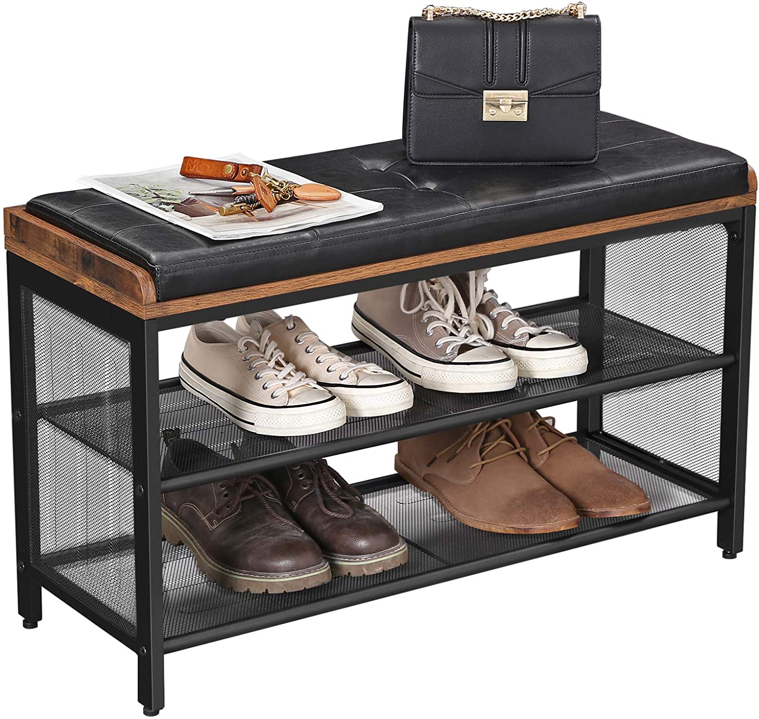 Shoe Bench With Mesh Shelf And Faux Leather Vintage Brown Black