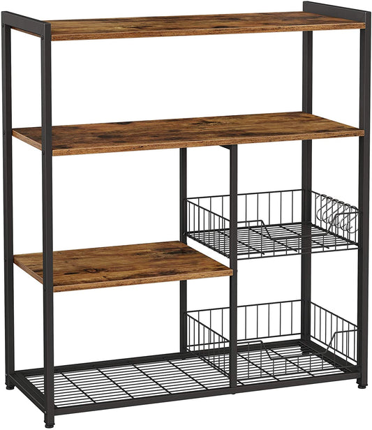 Baker'S Rack With 2 Metal Mesh Baskets, Shelves And Hooks, Industrial Style, Rustic Brown
