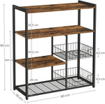 Baker'S Rack With 2 Metal Mesh Baskets, Shelves And Hooks, Industrial Style, Rustic Brown