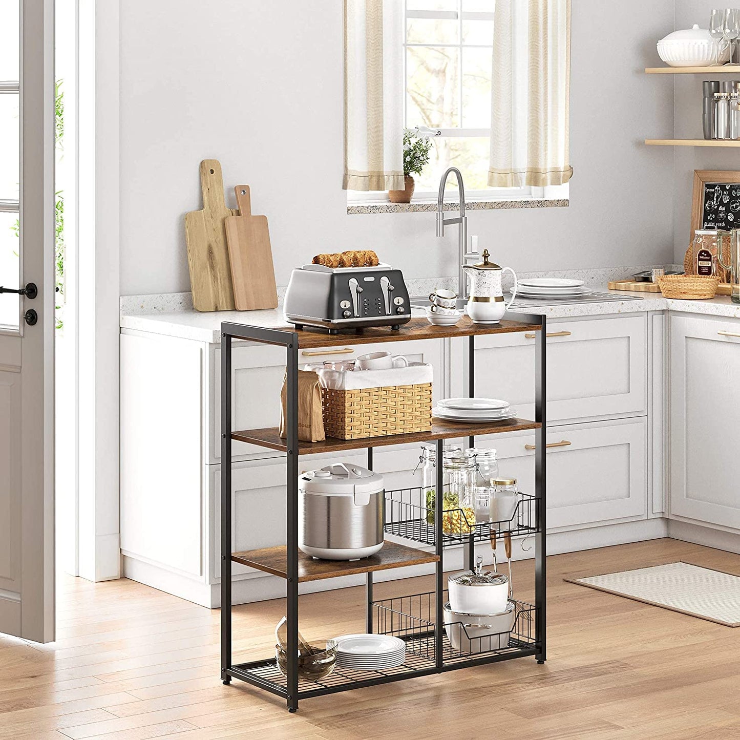 Baker'S Rack With 2 Metal Mesh Baskets, Shelves And Hooks, Industrial Style, Rustic Brown