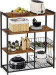 Baker'S Rack With 2 Metal Mesh Baskets, Shelves And Hooks, Industrial Style, Rustic Brown