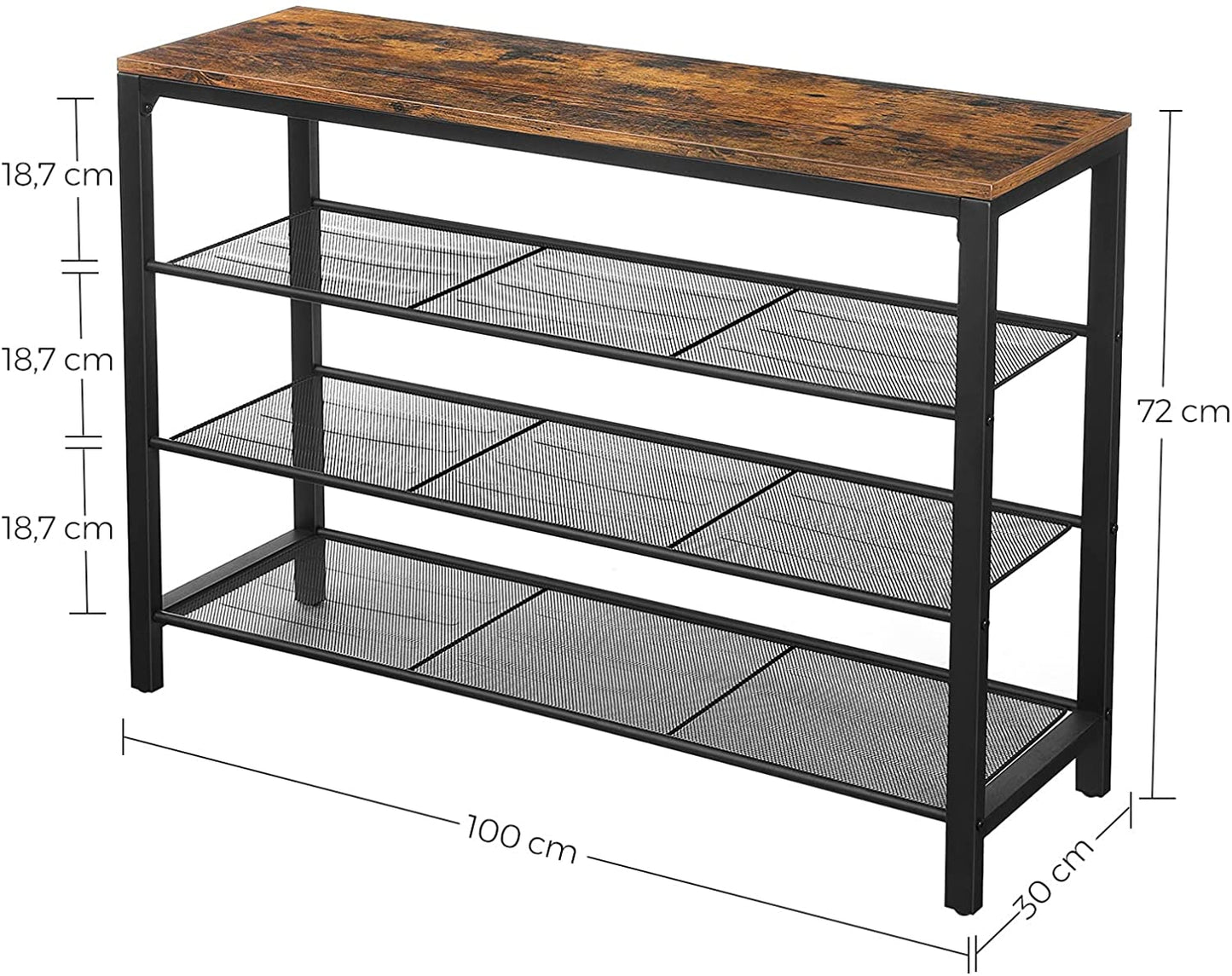 Shoe Rack With 3 Mesh Shelves Rustic Brown And Black