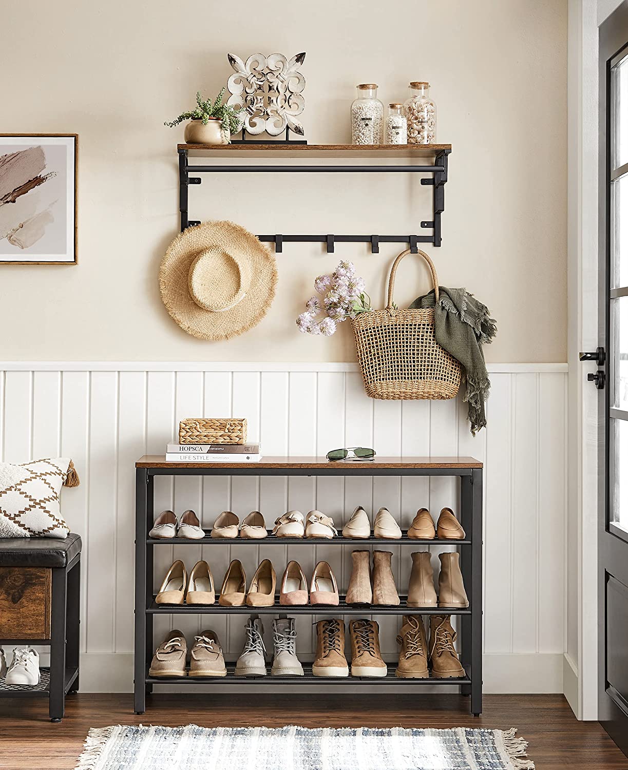 Shoe Rack With 3 Mesh Shelves Rustic Brown And Black