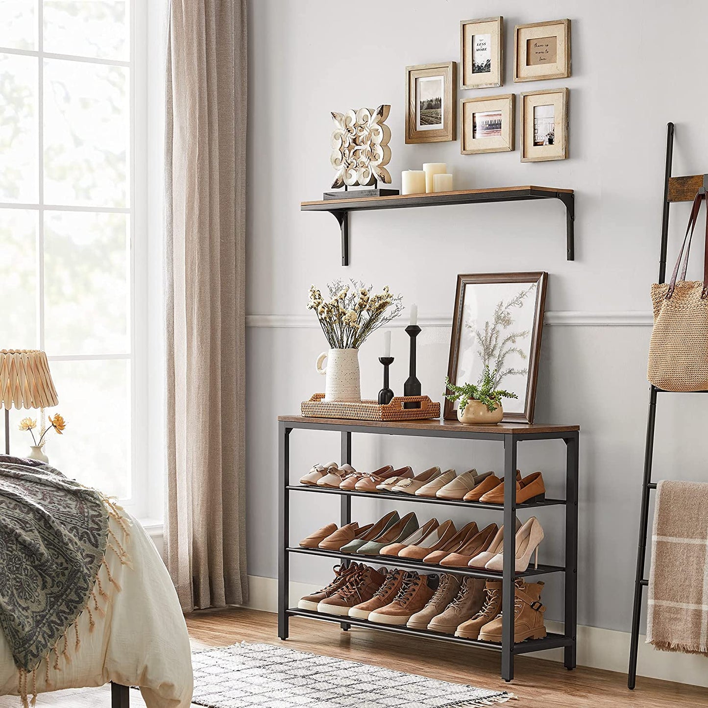 Shoe Rack With 3 Mesh Shelves Rustic Brown And Black