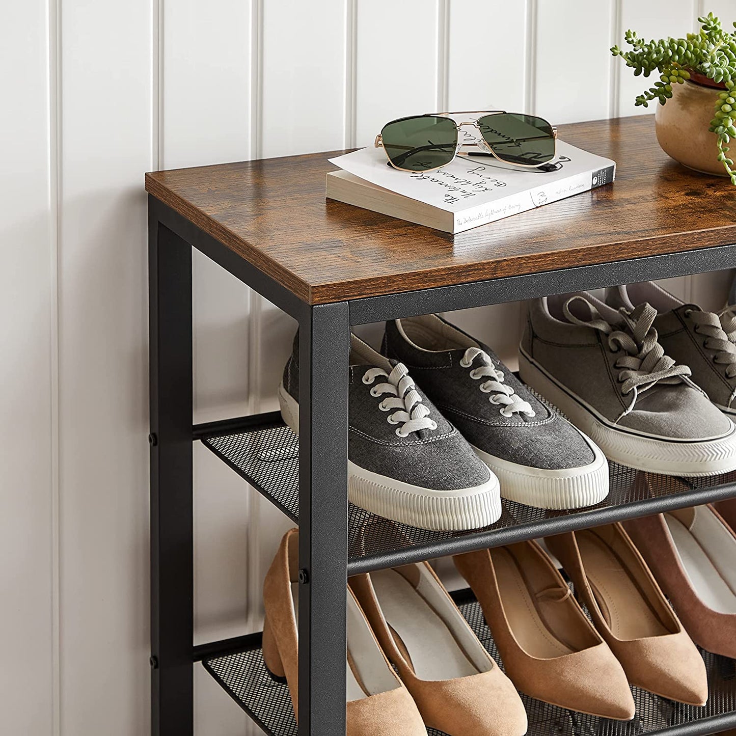Shoe Rack With 3 Mesh Shelves Rustic Brown And Black