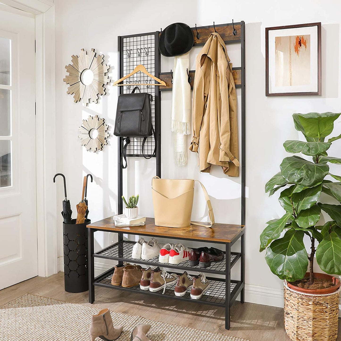 Coat Rack Stand Industrial Style With Grid Wall And Shoe Storage 185 Cm Tall Rustic Brown