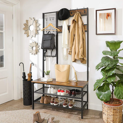 Coat Rack Stand Industrial Style With Grid Wall And Shoe Storage 185 Cm Tall Rustic Brown