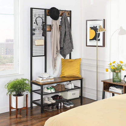 Coat Rack Stand Industrial Style With Grid Wall And Shoe Storage 185 Cm Tall Rustic Brown