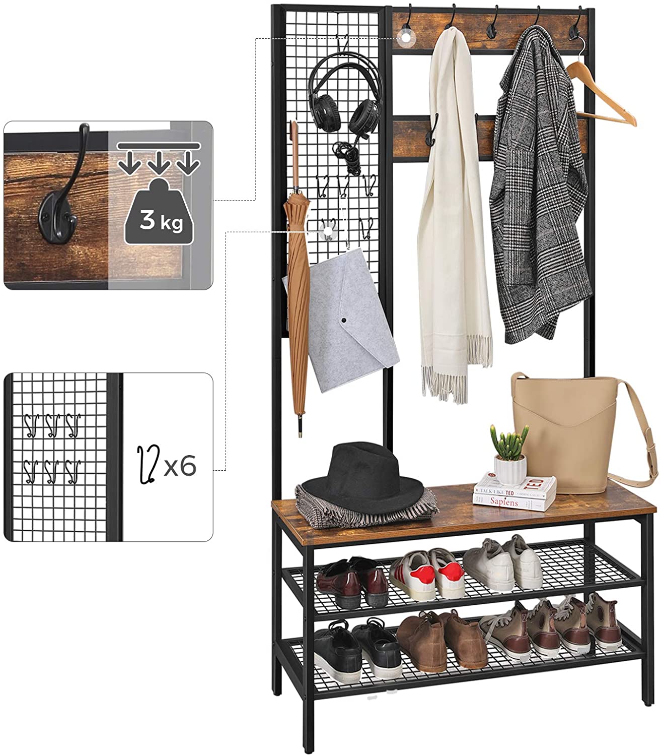 Coat Rack Stand Industrial Style With Grid Wall And Shoe Storage 185 Cm Tall Rustic Brown