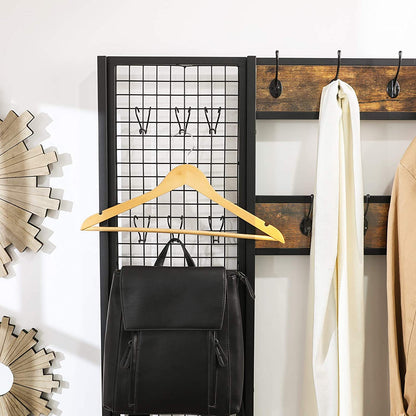 Coat Rack Stand Industrial Style With Grid Wall And Shoe Storage 185 Cm Tall Rustic Brown