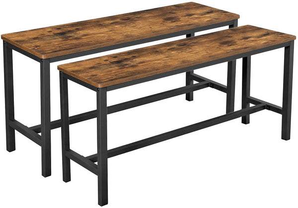  Set Of 2 Table Benches Industrial Style Durable Metal Frame Rustic Brown
